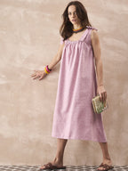 InWeave Dull Pink Linen Round Pleat Bow Dress | Grocsy