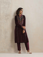 trueBrowns Purple Velvet Geometric Embroidered Kurta Pant Dupatta Set | Grocsy