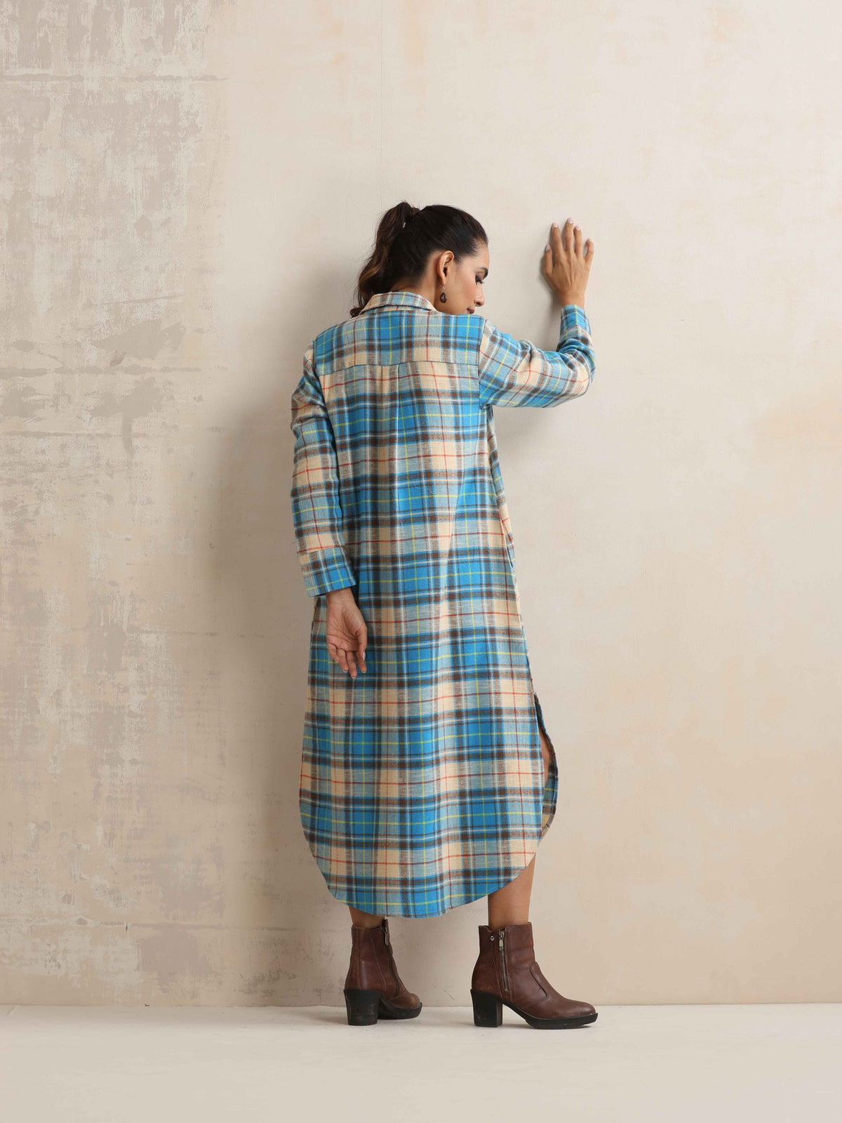 trueBrowns Beige Check Pleated Winter Dress | Grocsy