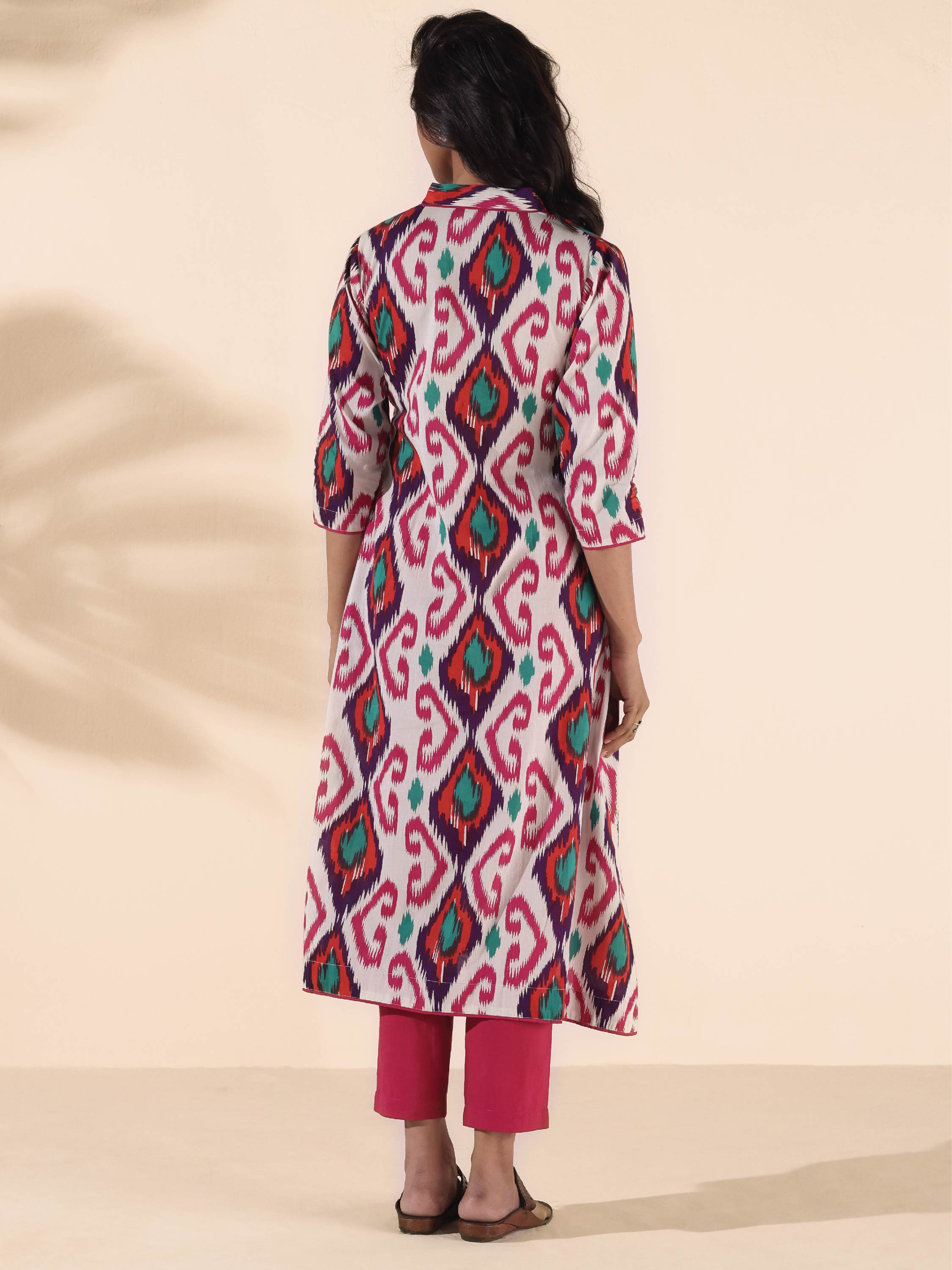 trueBrowns Pink Cotton Ikat Flared Kurta Pant Set | Grocsy