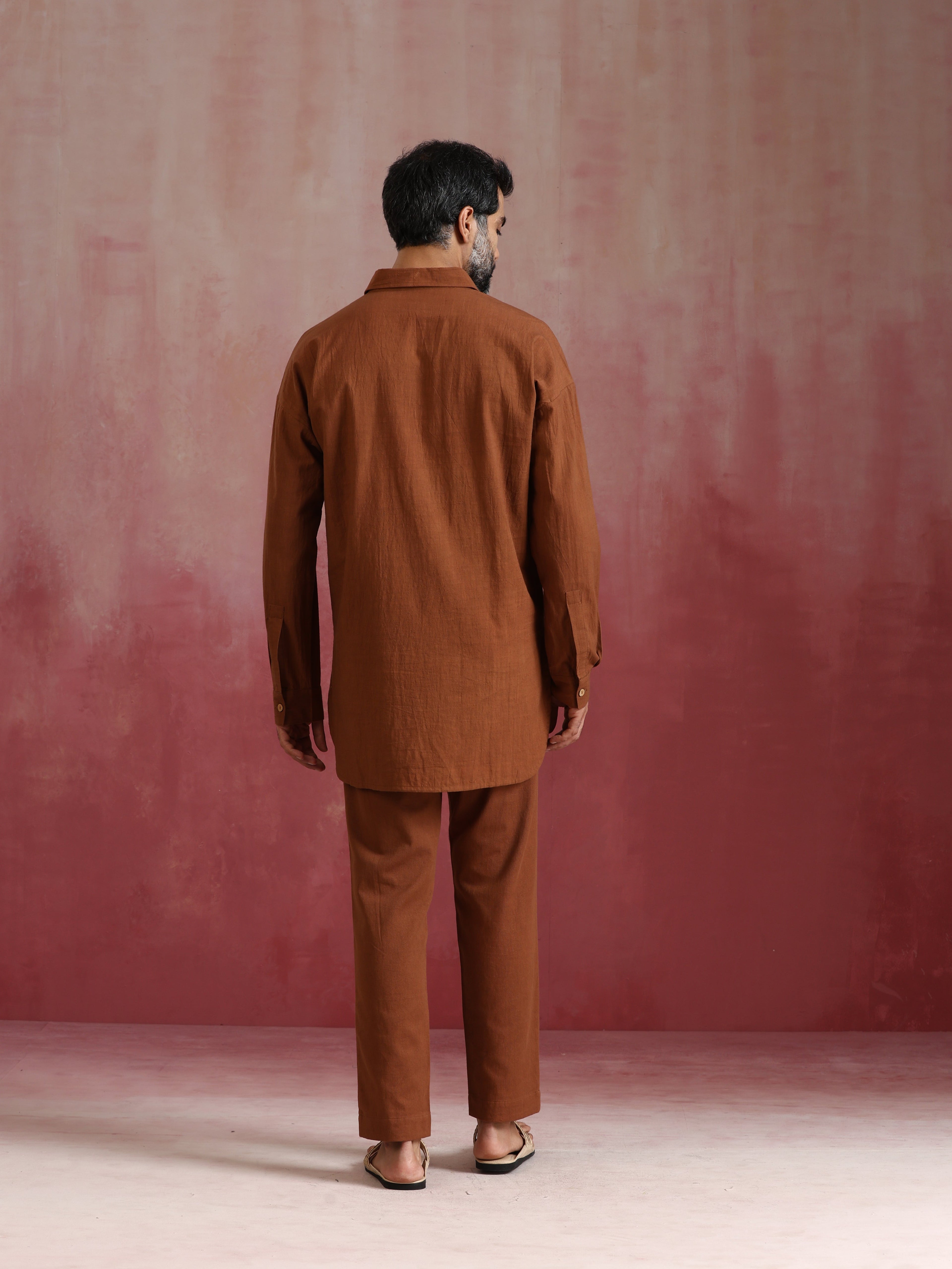 trueBrowns Men's Brown Cotton Shirt Collar Stylized Kurta Co-ord set | Grocsy