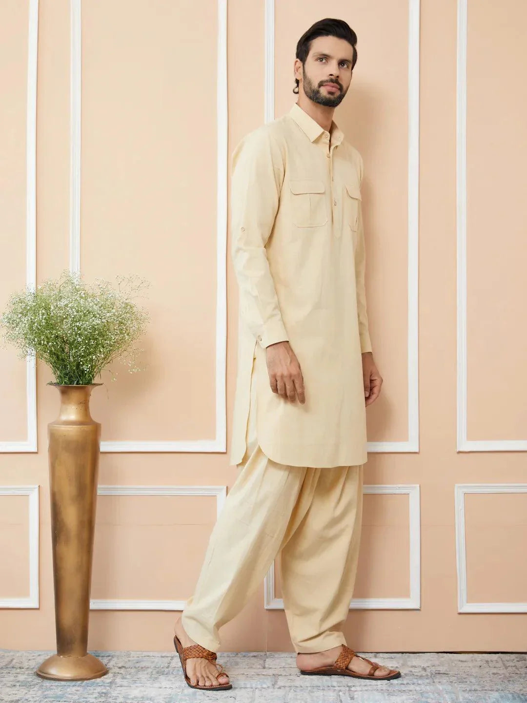Fabmade Beige Cotton Linen Pathani Kurta With Salwar | Grocsy