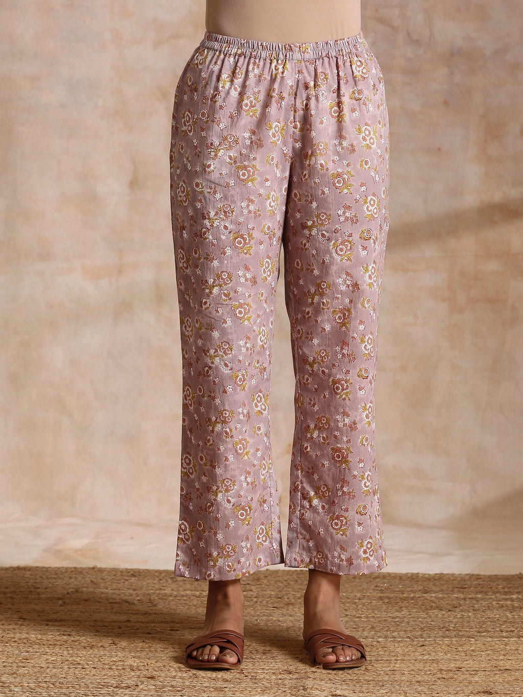trueBrowns Grey Overall Floral Block Print Cotton Flared Slit Kurta Pant Set | Relove | Grocsy