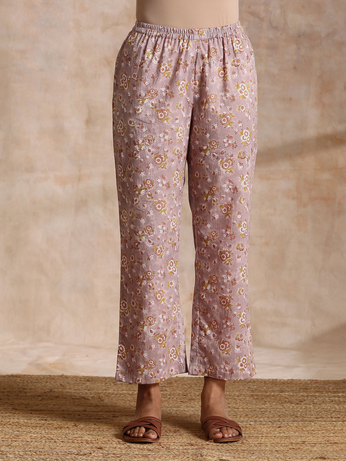 trueBrowns Grey Overall Floral Block Print Cotton Flared Slit Kurta Pant Set | Relove | Grocsy