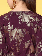 Ahalyaa Burgundy & Gold-Toned Bell Sleeves Printed Ethnic Jumpsuit With Waist Tie-Ups | Grocsy