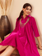 InWeave Women's Fuchsia Velvet Collared Neck Flared Midi Dress | Grocsy