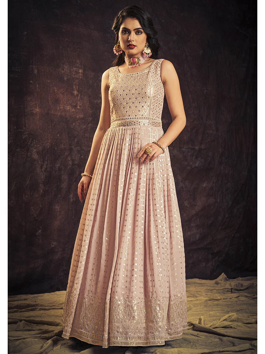 Myra Baby Pink Real Georgette Designer Gown Style Suit | Grocsy