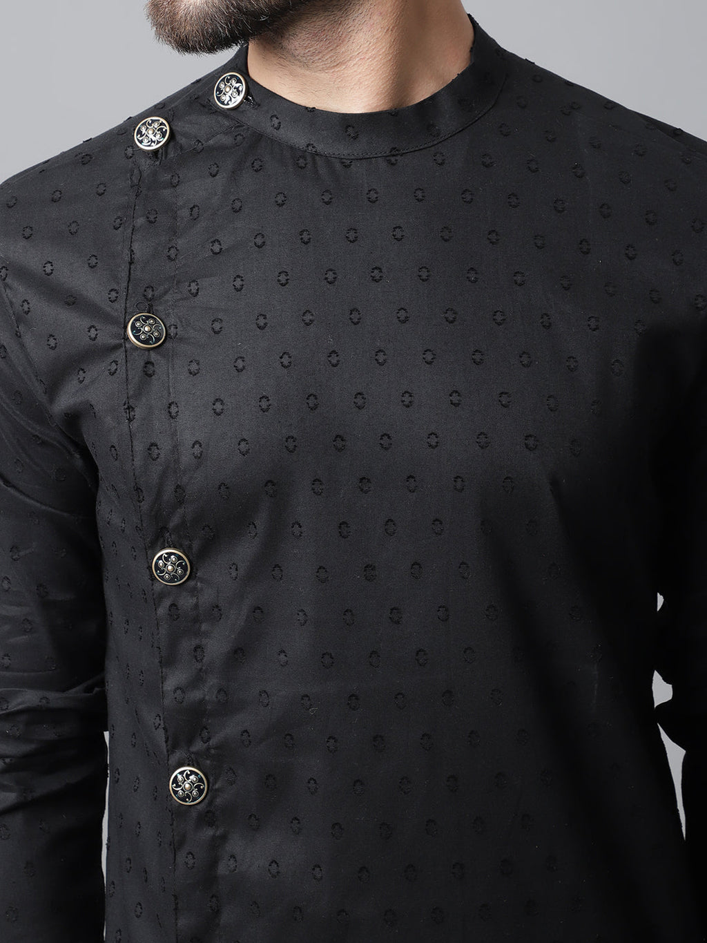 Even Apparels Black Pure Cotton Kurta With Band Collar | Grocsy