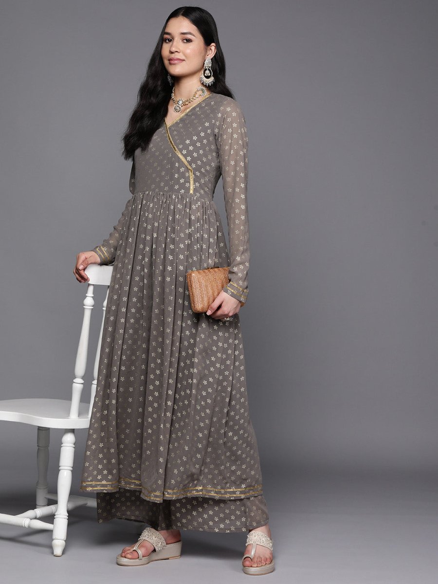 Ahalyaa Women Grey Floral Empire Kurta with Palazzos | Grocsy