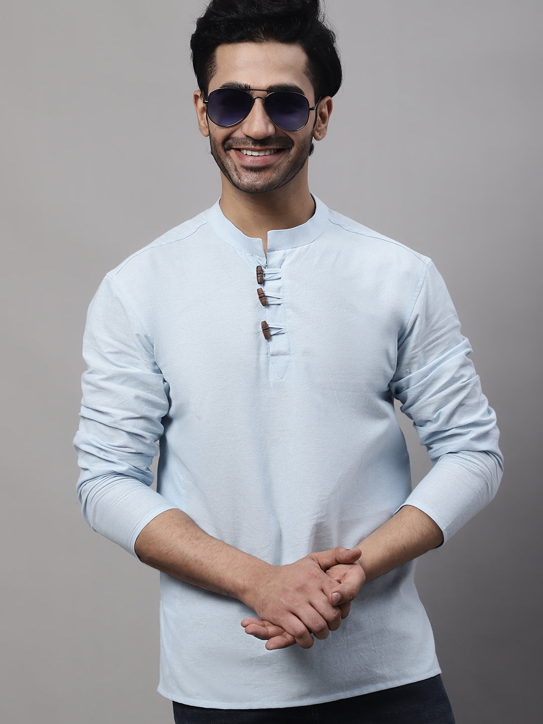 Even Apparels Blue Pure Cotton Kurta With Band Collar | Grocsy
