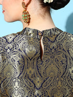 InWeave Women's Blue Banarasi Halter Kurta Set With Golden Dupatta | Grocsy