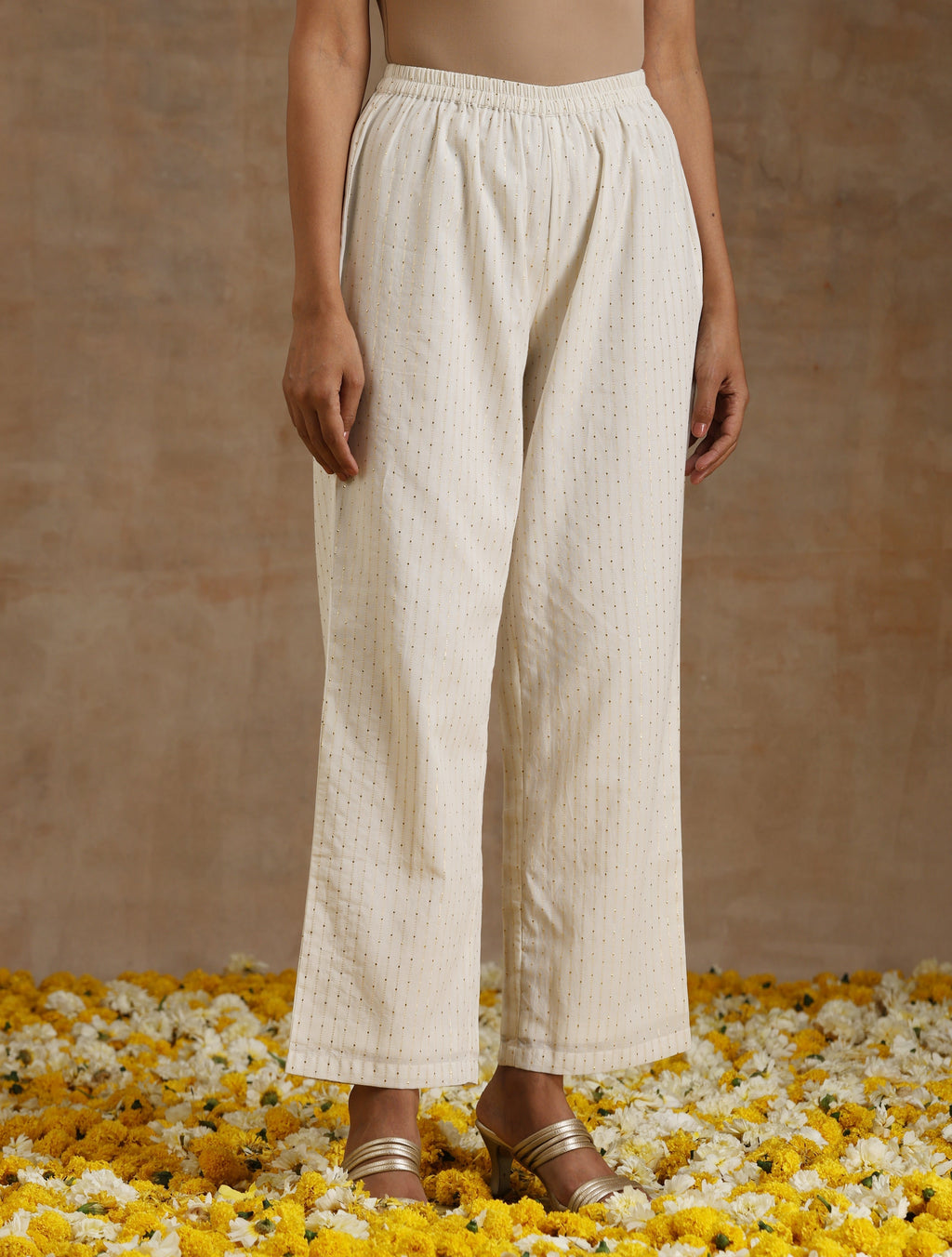 trueBrowns Ivory Gold Cotton Flared Kurta Set | Grocsy