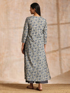 trueBrowns Blue Grey Overall Floral Block On White Print Cotton Kurta Pant Set | Grocsy
