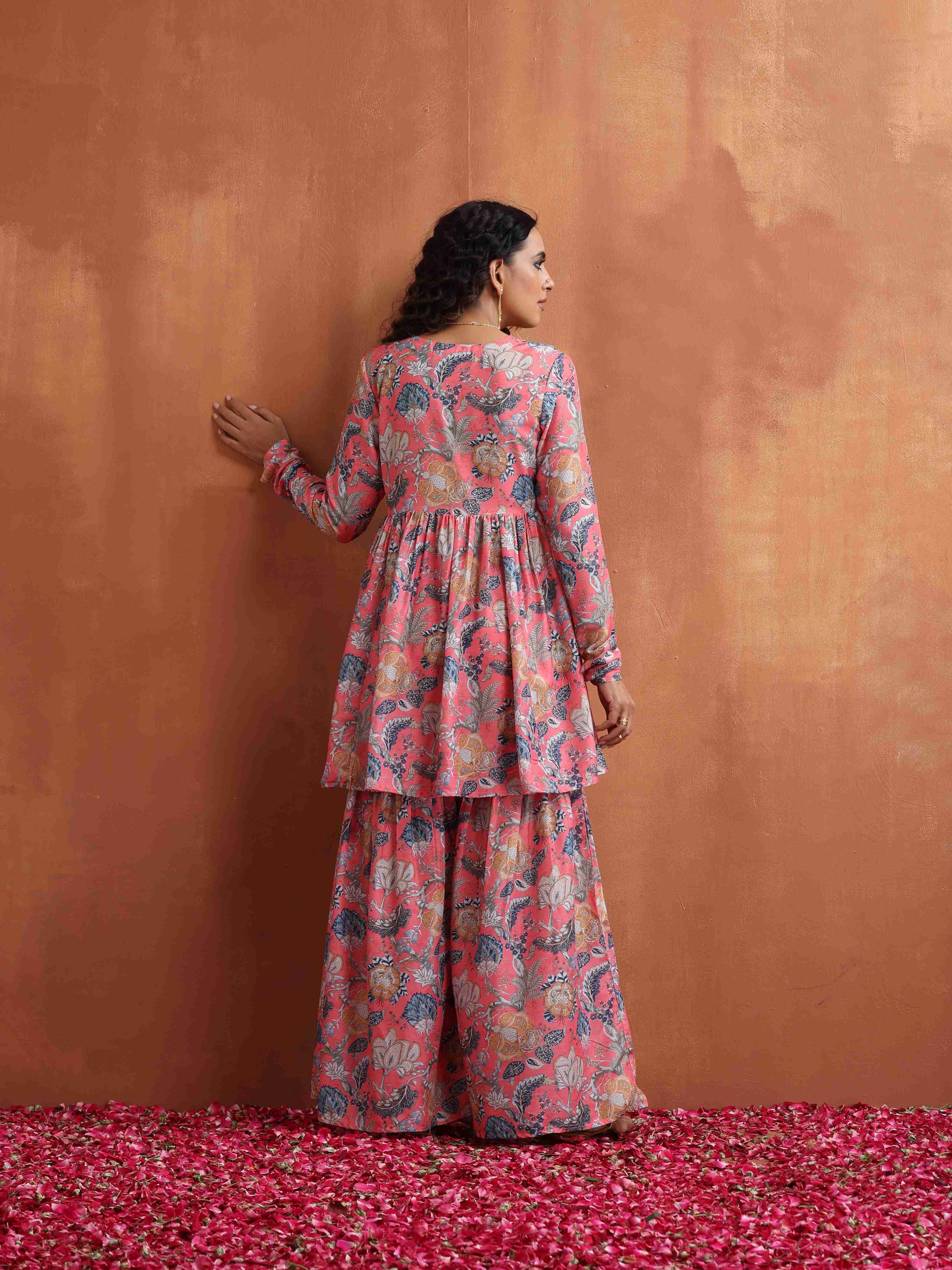 trueBrowns Orange Print Sharara Set | Grocsy