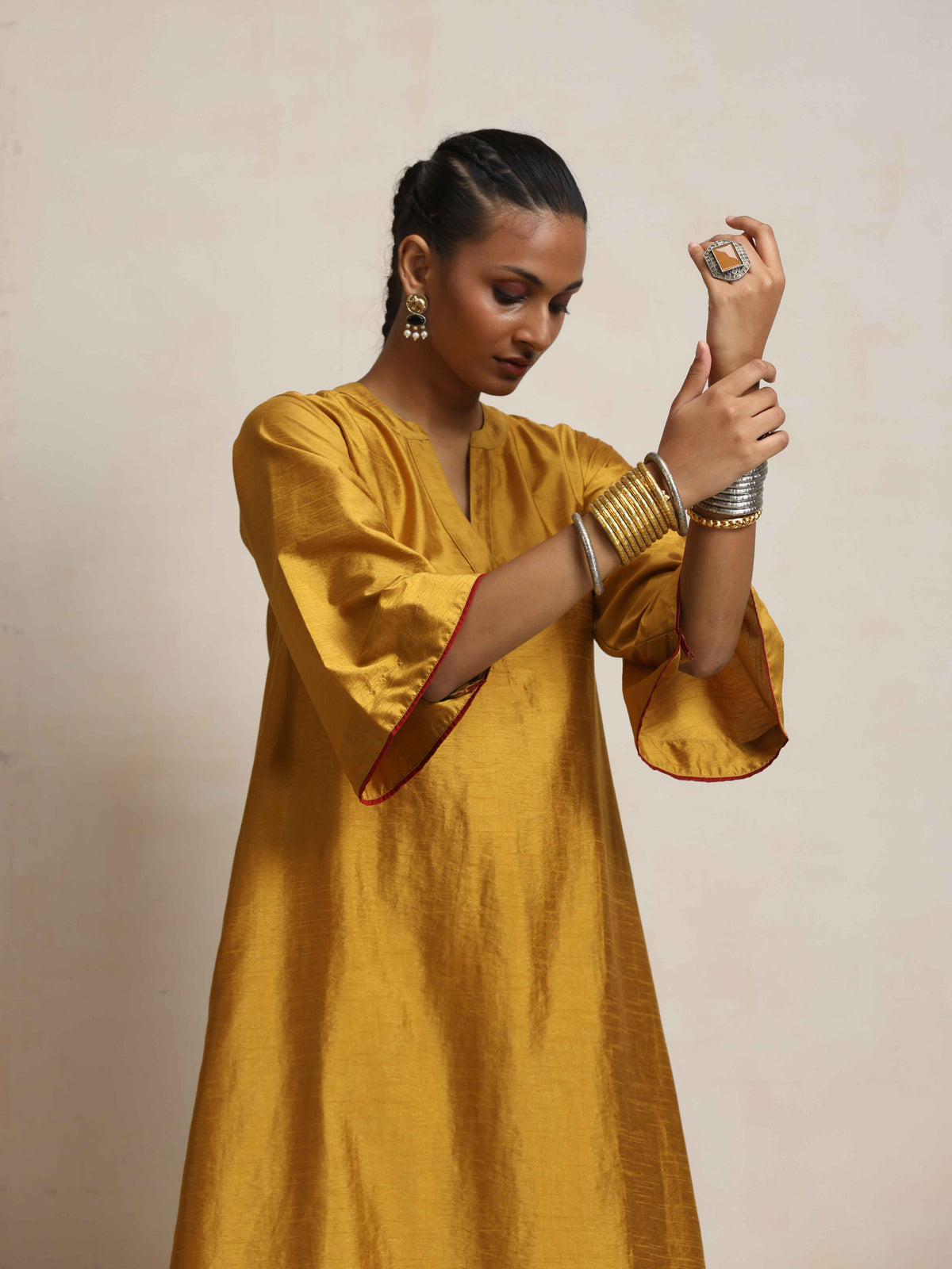 trueBrowns Gold Silk Kurta Set | Grocsy