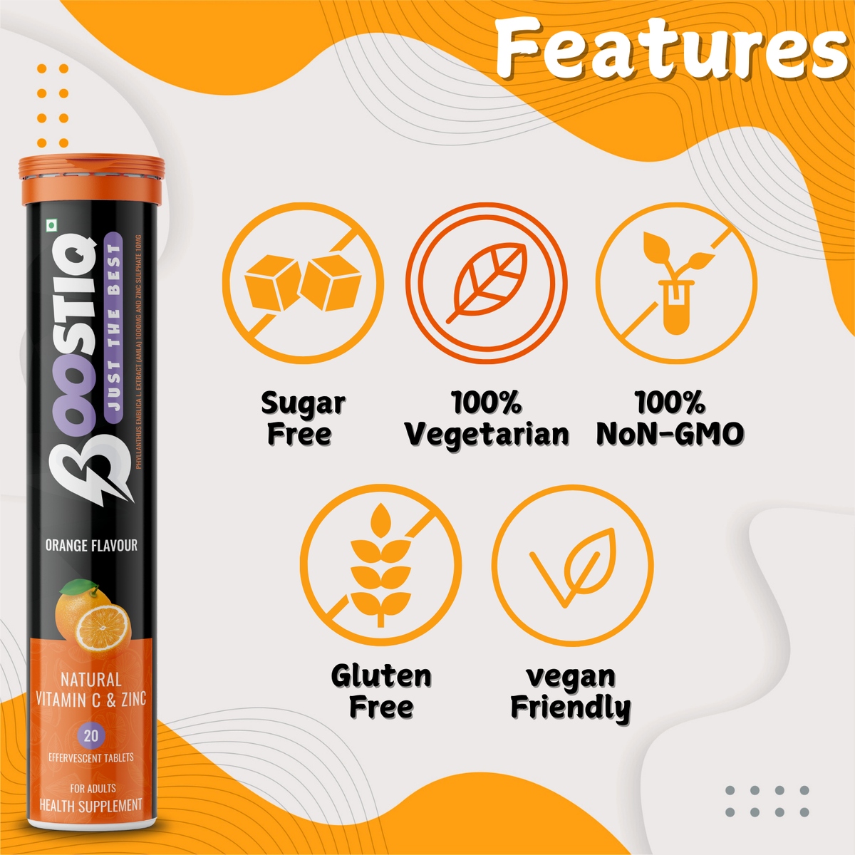 BOOSTIQ Vitamin C & Zinc Effervescent Tablets - Orange Flavour | Grocsy