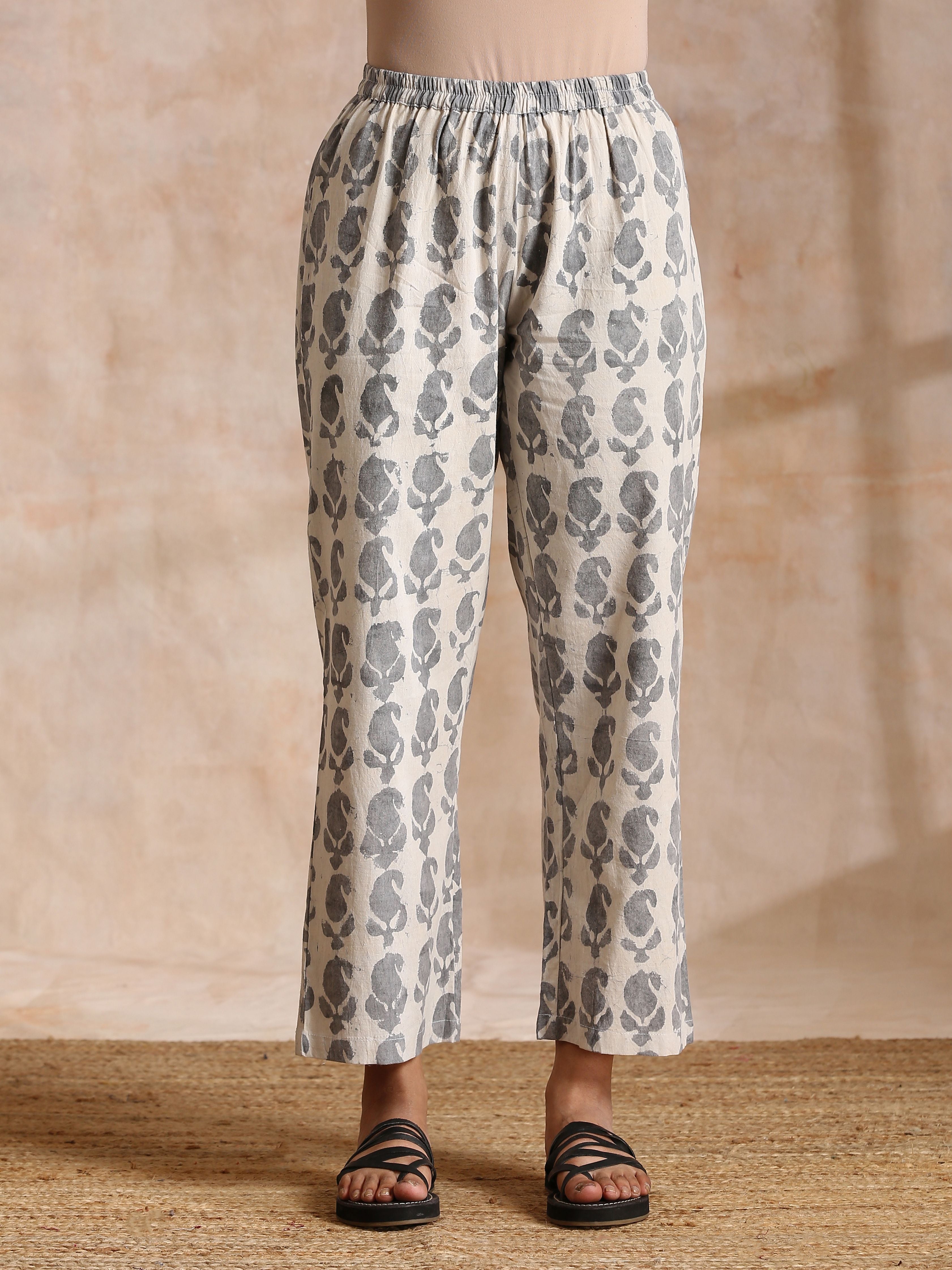 trueBrowns Grey Dabu Buta Print Cotton V-Square Neck Co-Ord Set | Grocsy