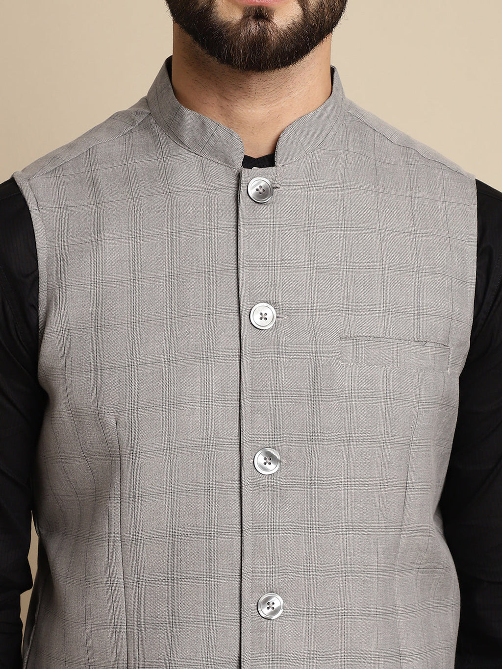 Even Apparels Men's Grey Mandarin Collar Waistcoat | Grocsy
