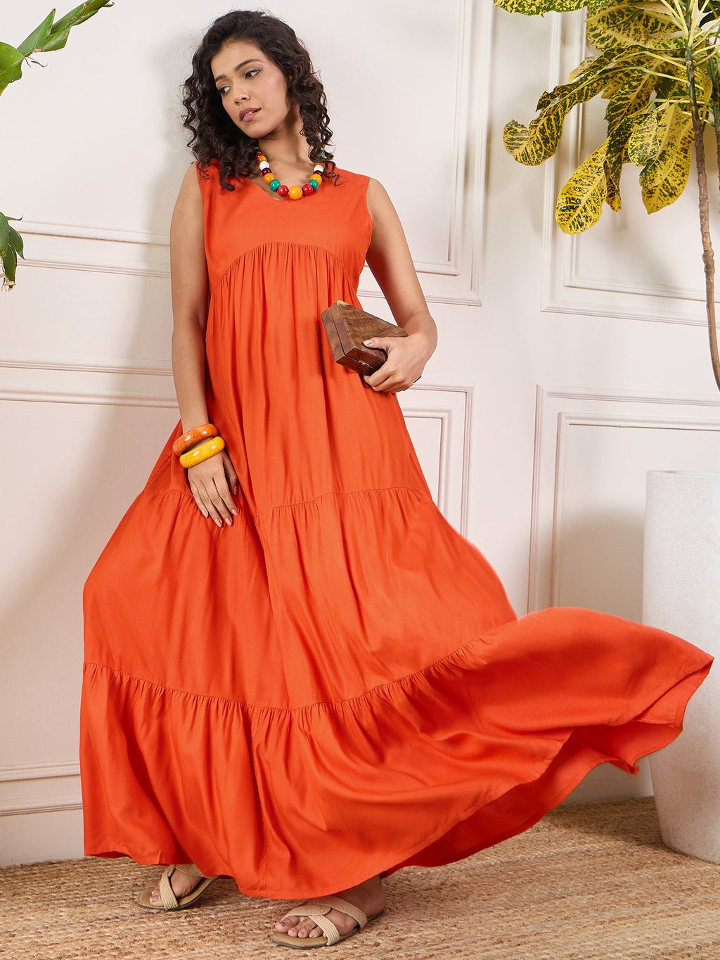 InWeave Orange V Neck Sleeveless Long Tiered Dress | Grocsy