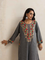 trueBrowns Grey Kashmiri Embroidered Woollen Phiran Kurta | Grocsy