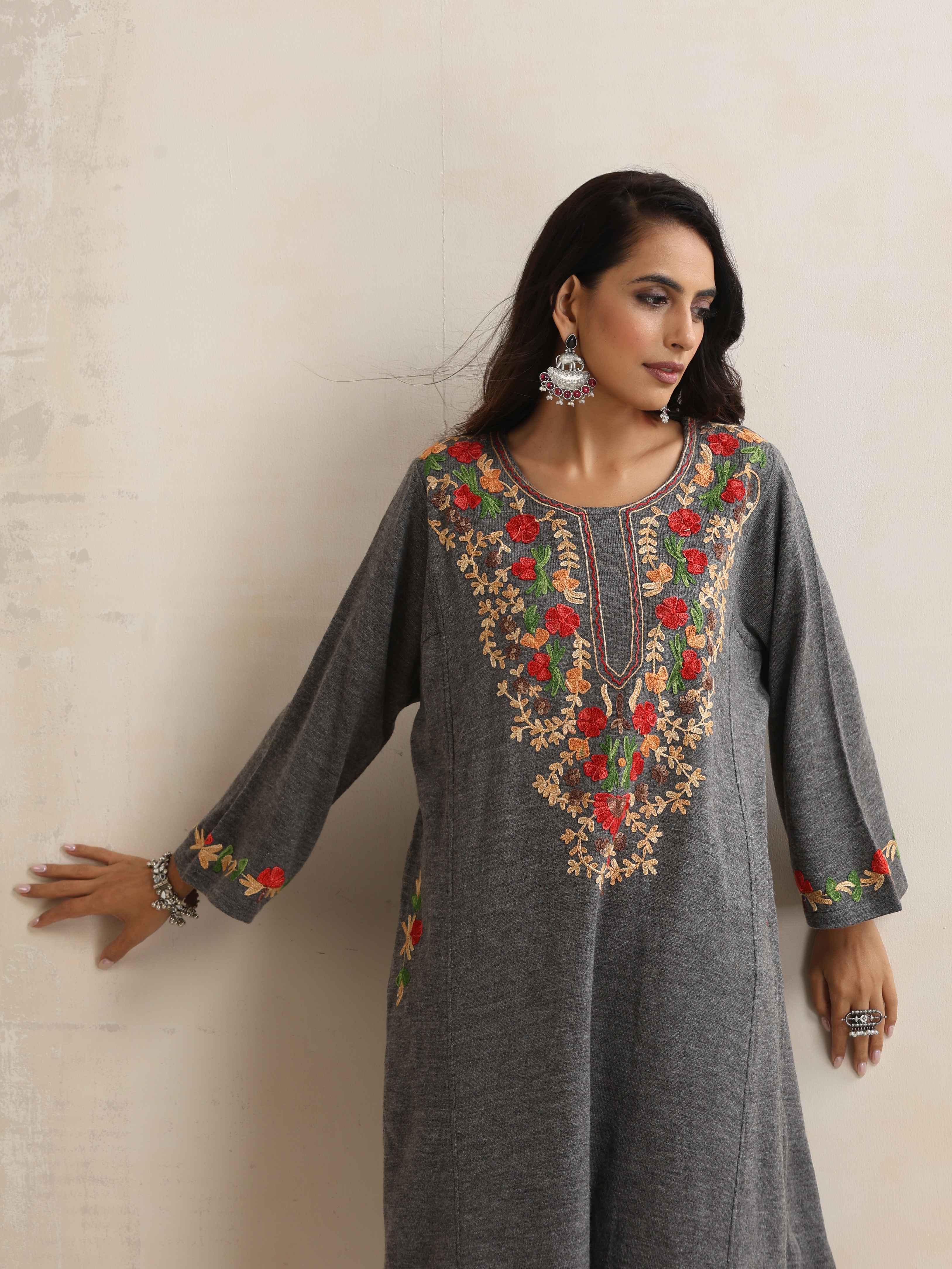 trueBrowns Grey Kashmiri Embroidered Woollen Phiran Kurta | Grocsy