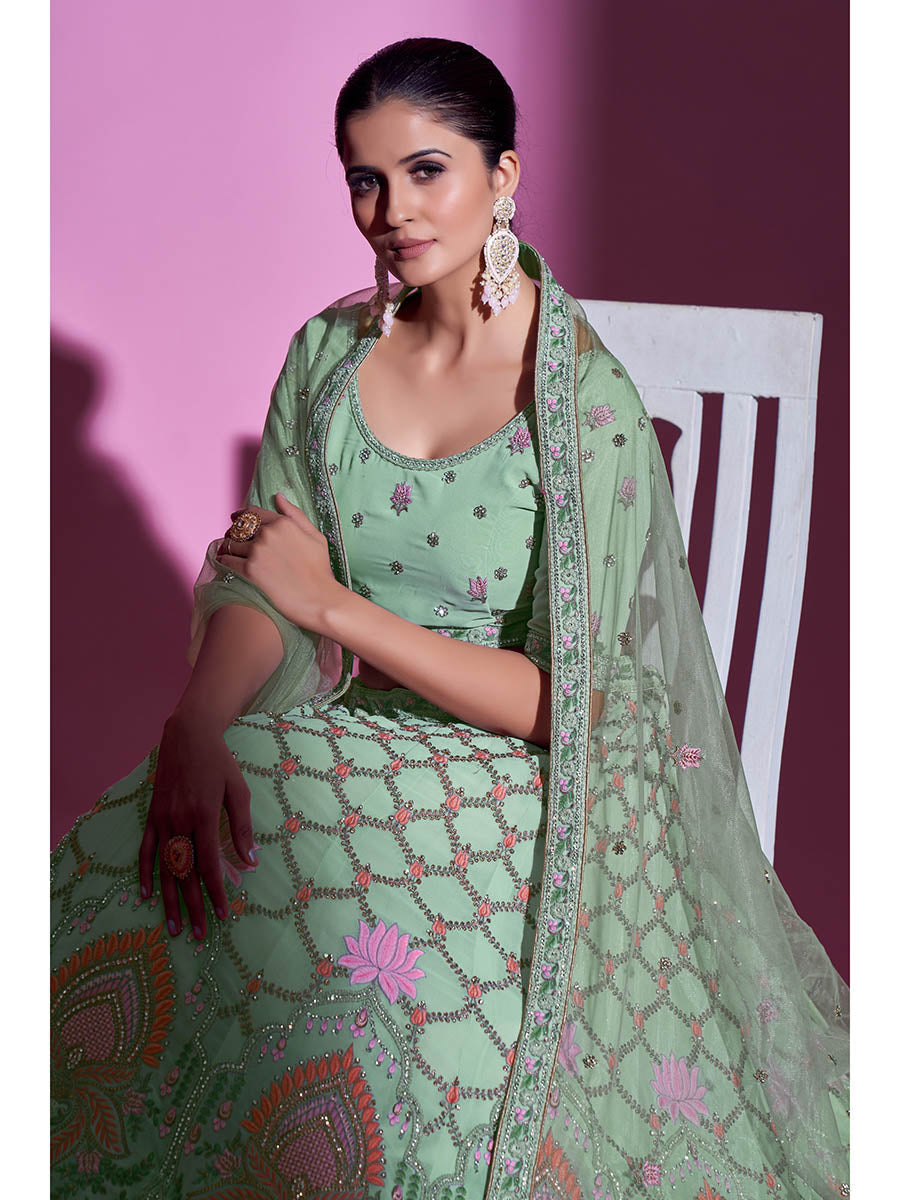 Myra Pista Green Georgette Embroidered Designer Lehenga Choli | Grocsy