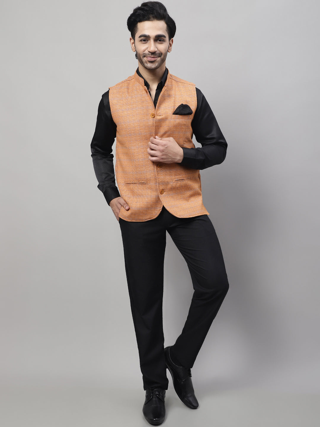 Even Apparels Men's Orange Nehru Jacket With Welt Pockets | Grocsy