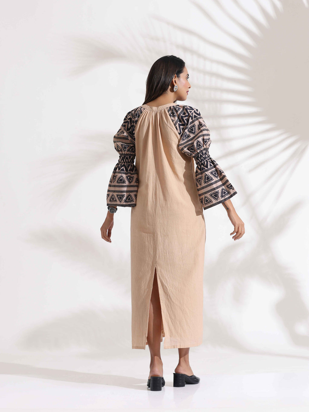 trueBrowns Beige Cotton Print Long Dress | Grocsy