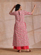 trueBrowns Pink Brown Overall Floral On White Block Print Cotton Slit Kurta Pant Set | Grocsy
