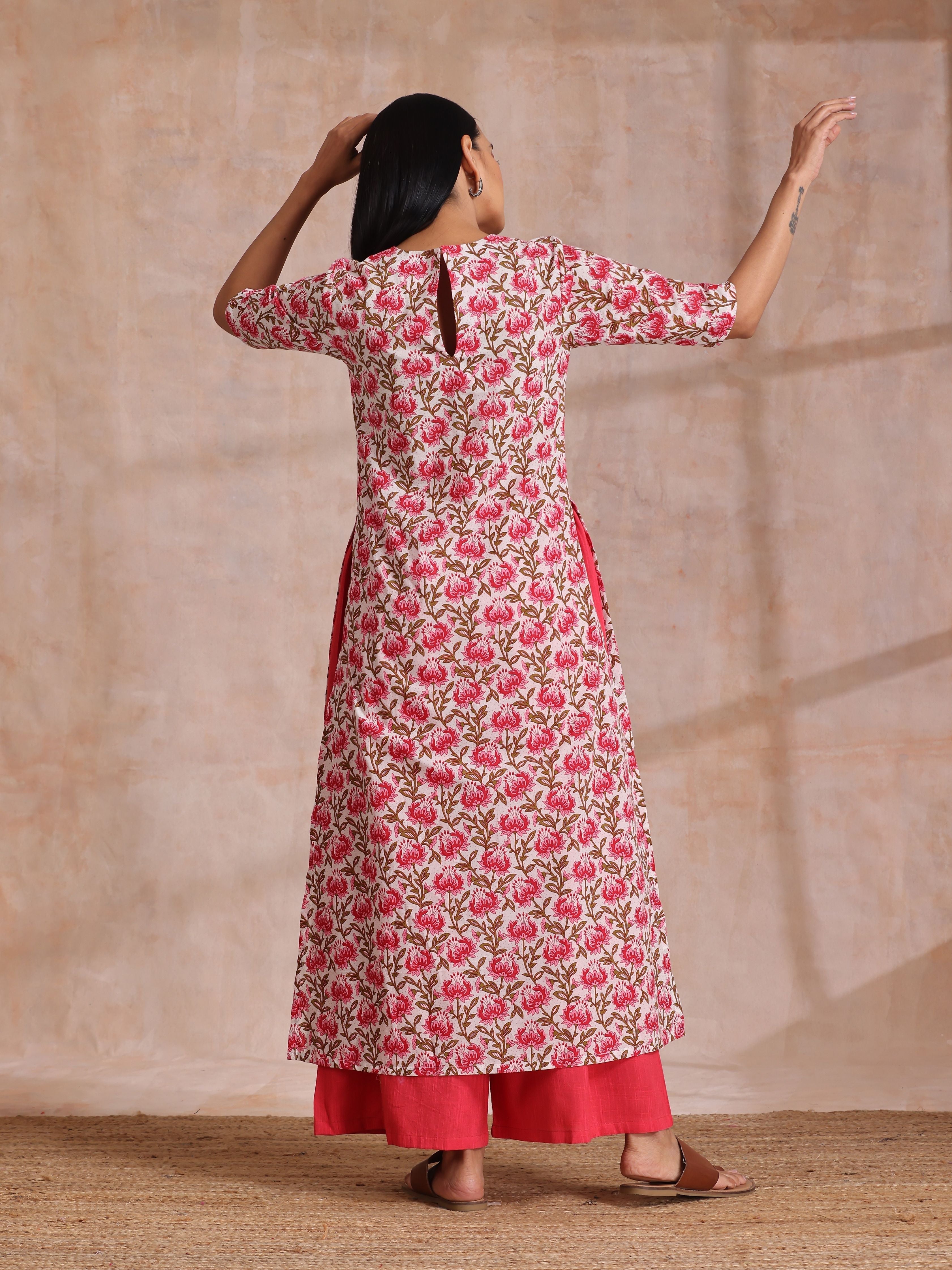 trueBrowns Pink Brown Overall Floral On White Block Print Cotton Slit Kurta Pant Set | Grocsy