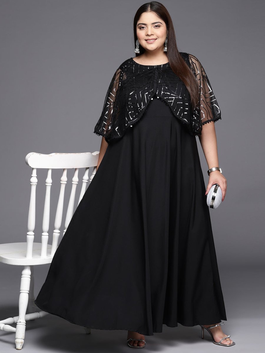 Ahalyaa Plus Size Geometric Print Crepe Layered A-line Maxi Ethnic Dress | Grocsy