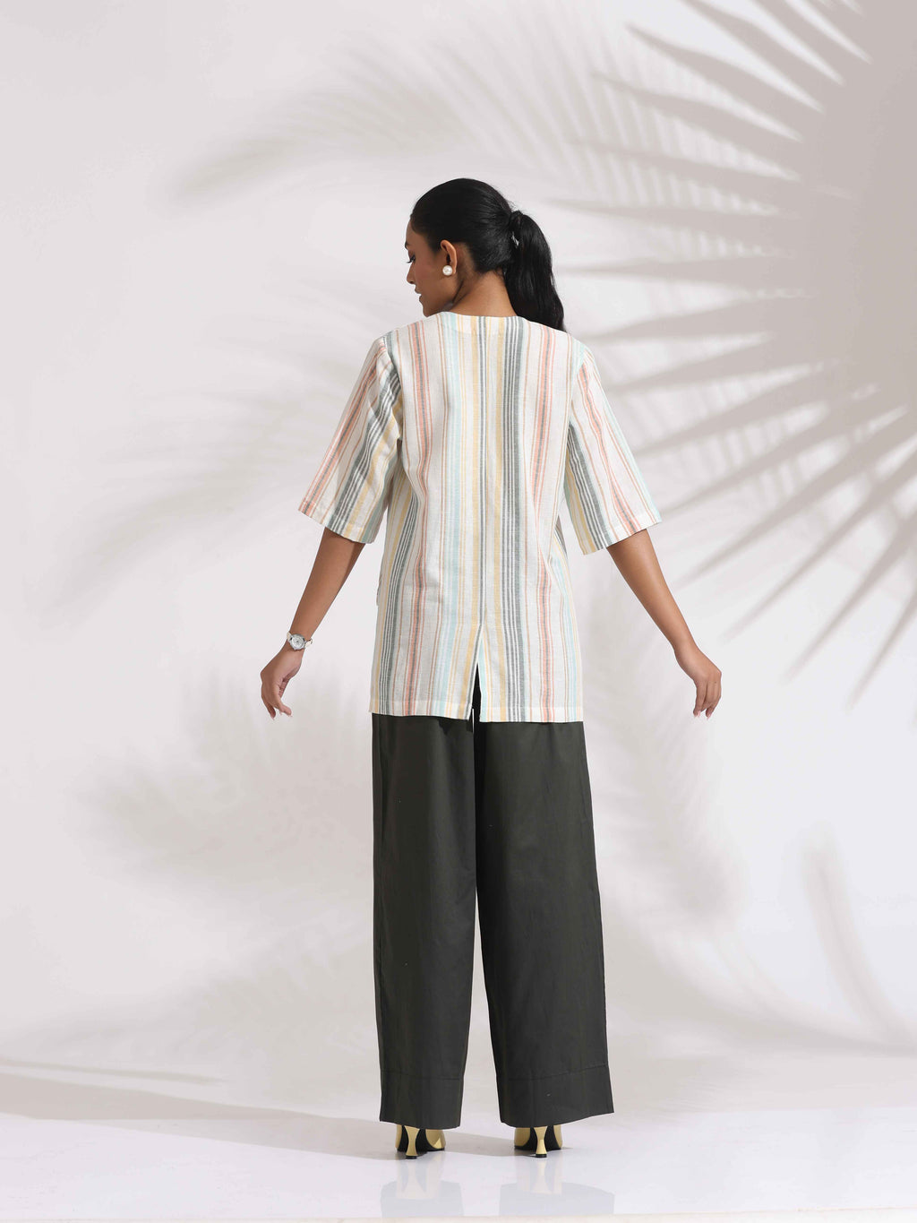 trueBrowns Off-White Cotton Stripe Jacket Top Co-ord Set | Grocsy
