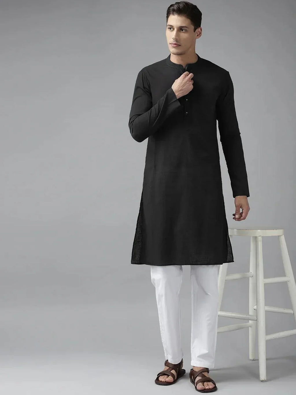 Fabmade Men Z-Black Cotton Linen Kurta | Grocsy