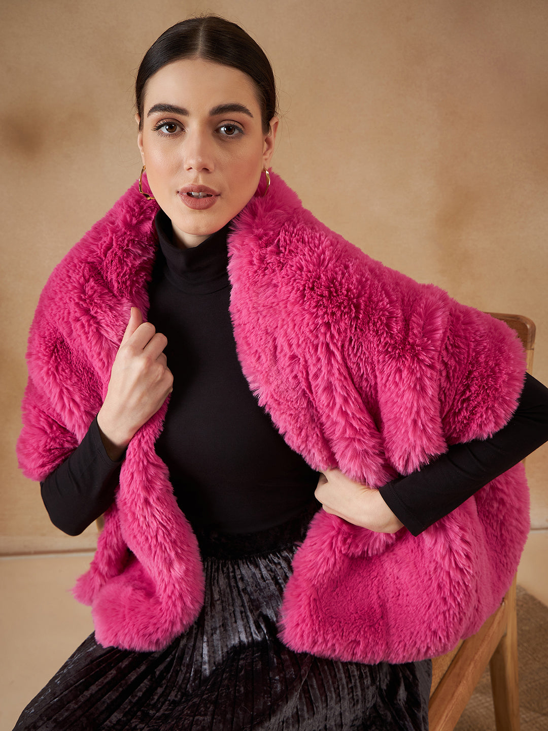 InWeave Women's Light Pink Long Faux Fur Cape | Grocsy