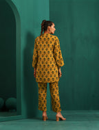 trueBrowns Mustard Flower Stem Muslin Silk Printed Relaxed Co-ord Set | Grocsy