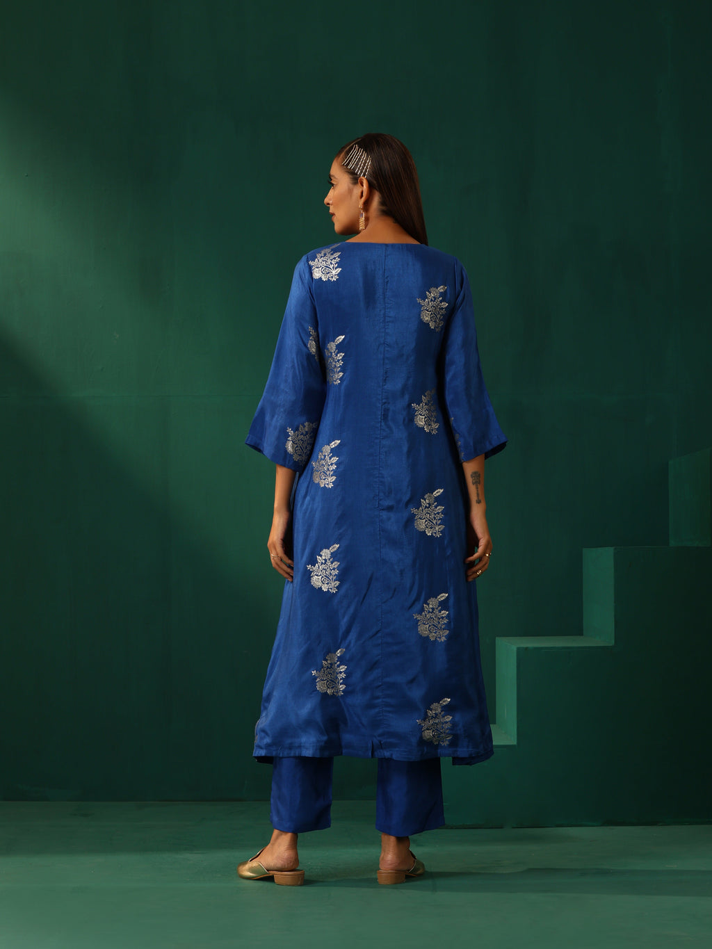 trueBrowns Royal Blue Floral Viscose Silk Angrakha Kurta Pant Set | Grocsy