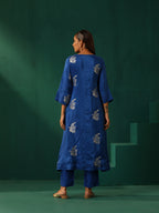 trueBrowns Royal Blue Floral Viscose Silk Angrakha Kurta Pant Set | Grocsy