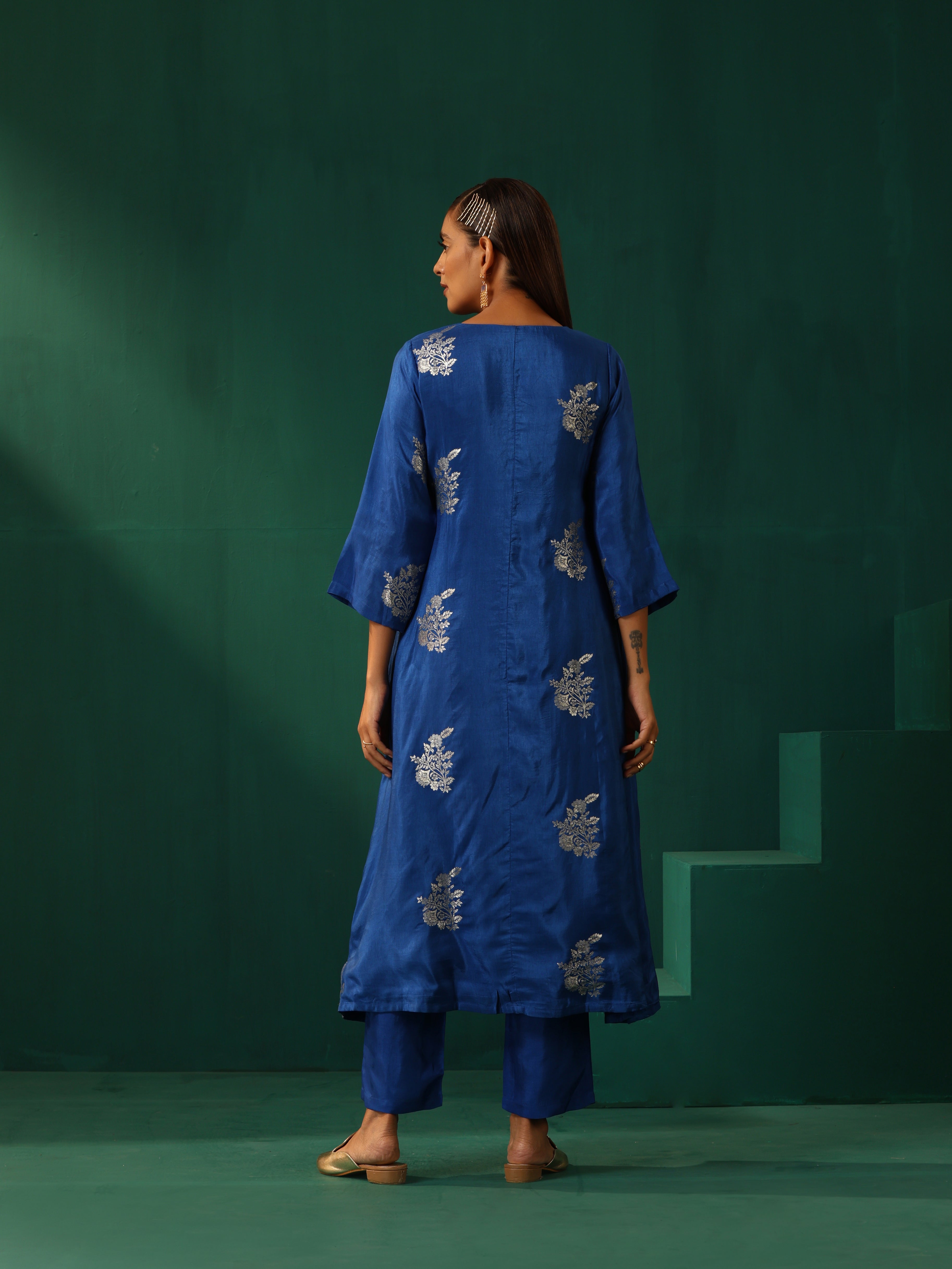 trueBrowns Royal Blue Floral Viscose Silk Angrakha Kurta Pant Set | Grocsy