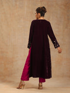 trueBrowns Wine Velvet Embroidered Kurta | Grocsy