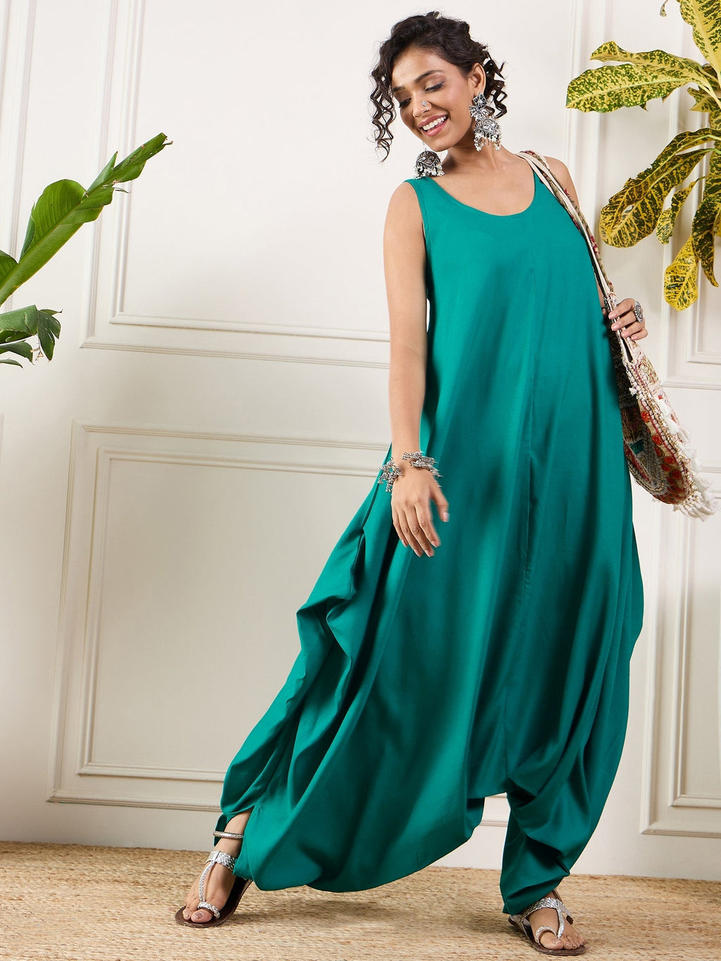 InWeave Teal Round Sleeveless Jumpsuit | Grocsy