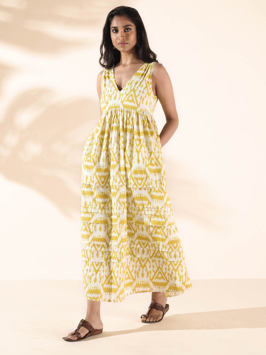 trueBrowns Lime Cotton Ikat Sleeveless Flared Dress | Grocsy