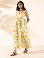 trueBrowns Lime Cotton Ikat Sleeveless Flared Dress | Grocsy