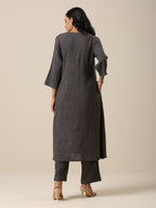trueBrowns Slate Grey Slub Texture Overlap Pleat Kurta Pant Set | Grocsy