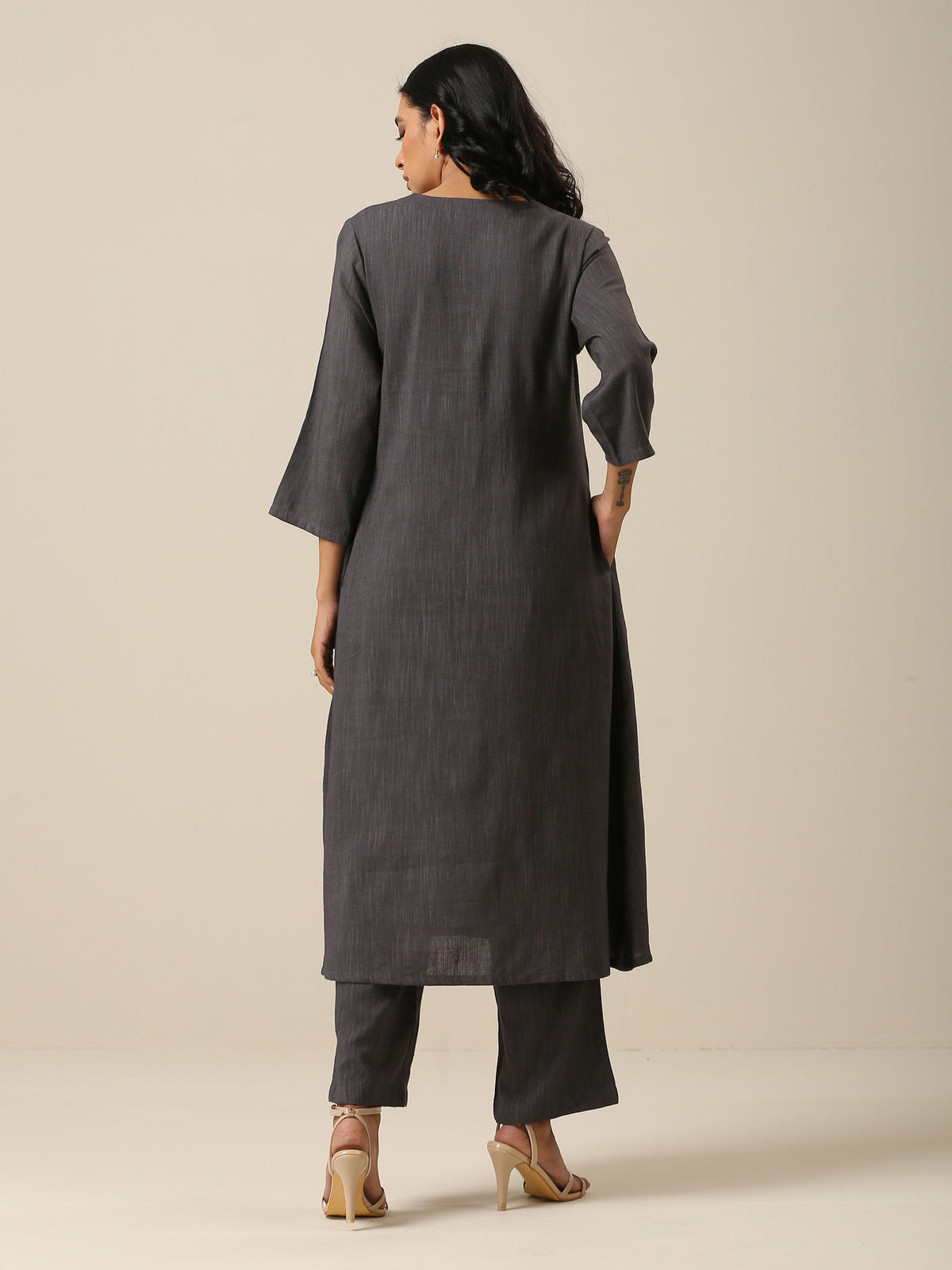 trueBrowns Slate Grey Slub Texture Overlap Pleat Kurta Pant Set | Grocsy