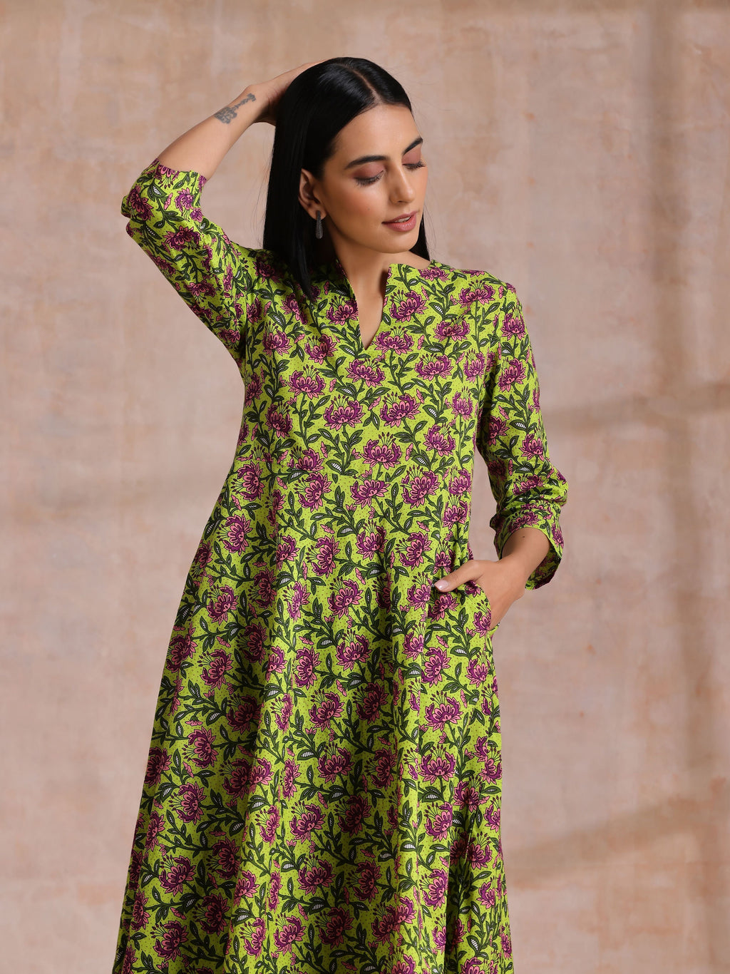 trueBrowns Lime Green Overall Pink Floral Block Print Cotton Flared Kurta Pant Set | Grocsy
