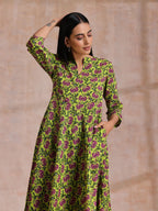 trueBrowns Lime Green Overall Pink Floral Block Print Cotton Flared Kurta Pant Set | Grocsy