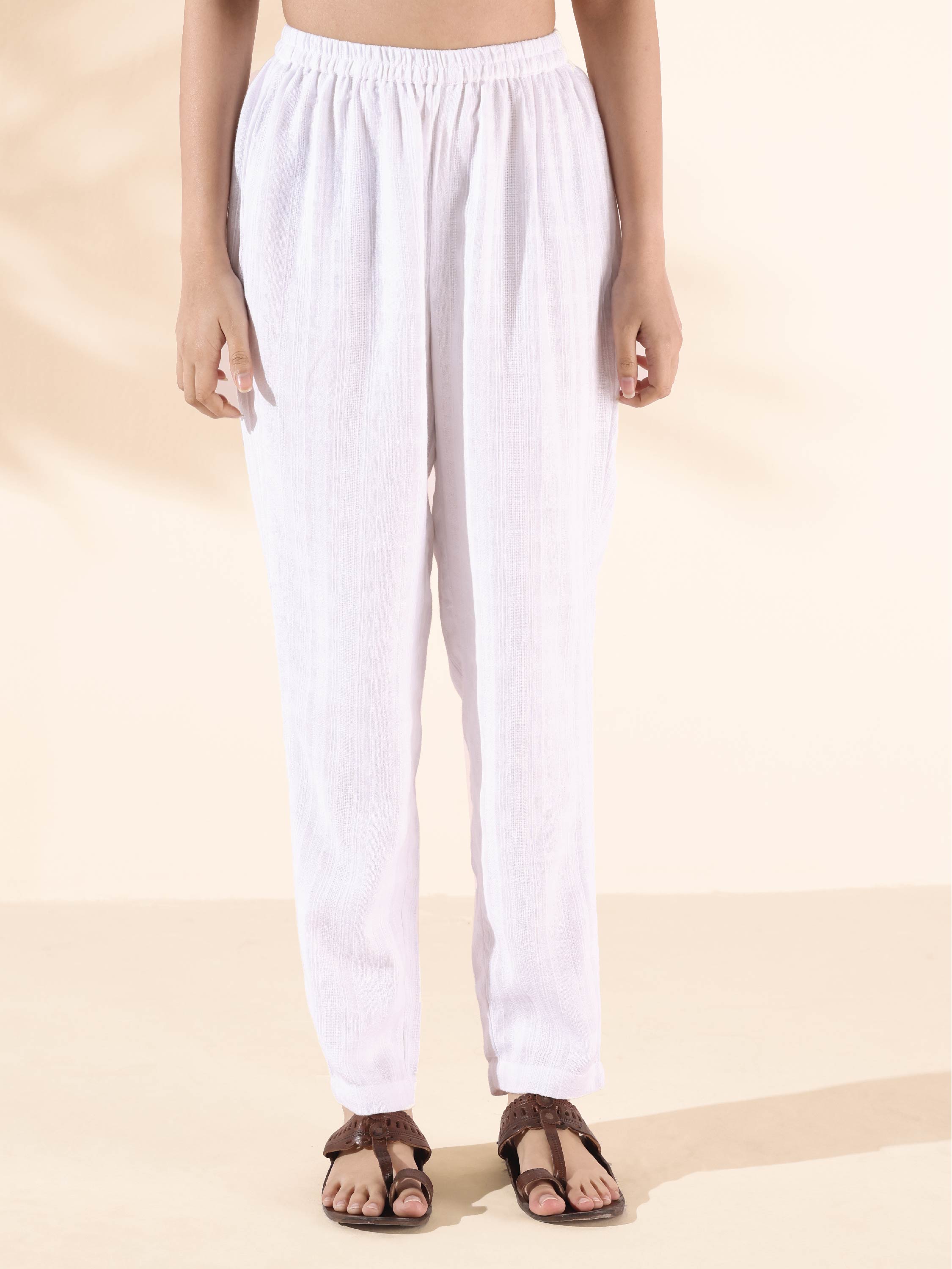 trueBrowns White Cotton Dobby Kurta Pant Set | Grocsy