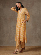 trueBrowns Beige White Flared Printed Silk Kurta Pant Set | Grocsy