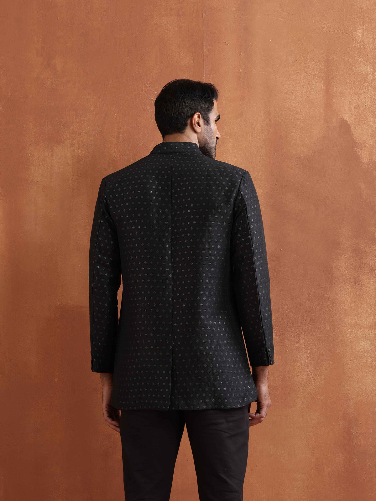 trueBrowns Men's Black Chanderi Long Jacket | Grocsy
