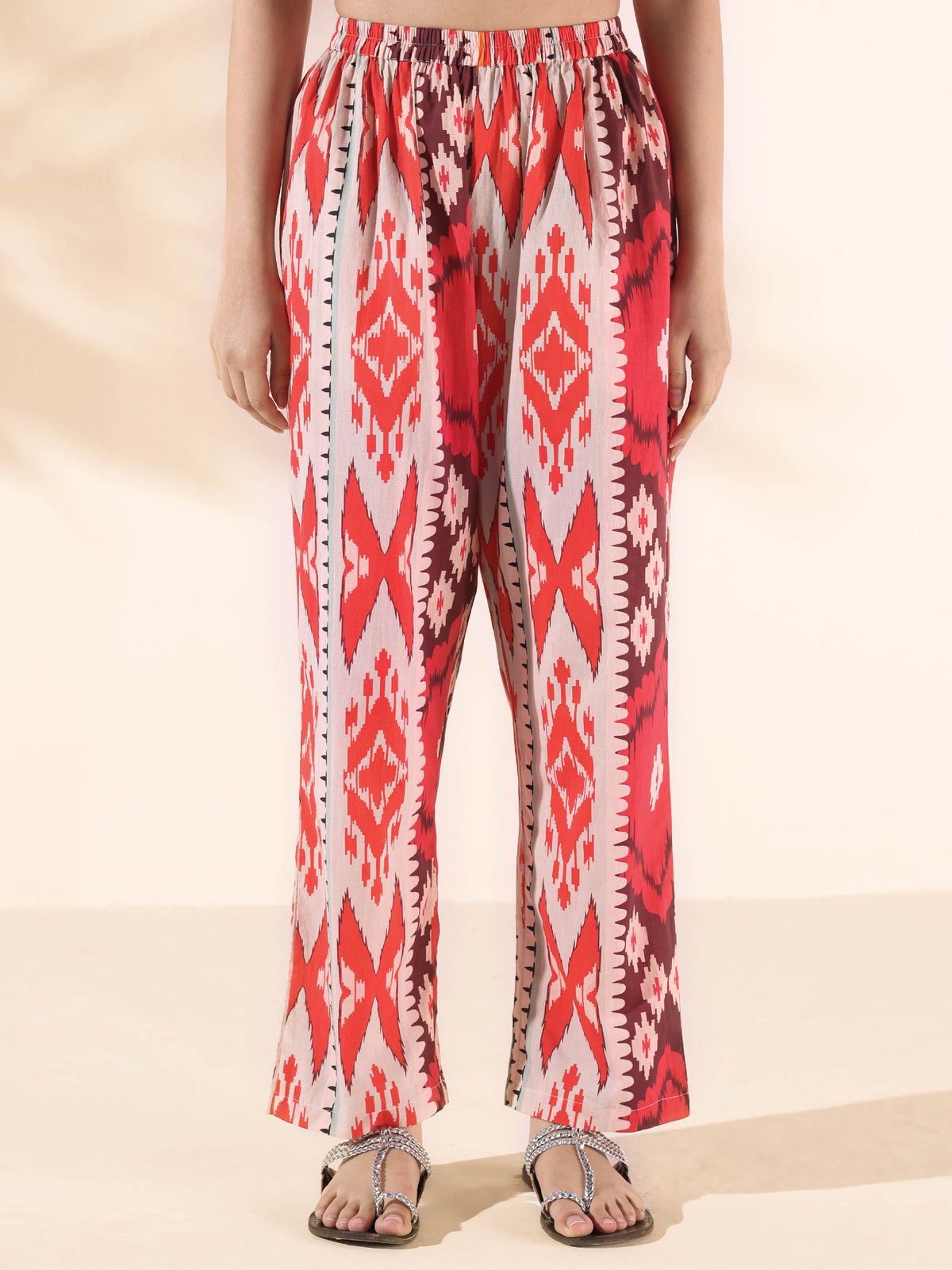 trueBrowns Maroon Cotton Ikat Flared Co-ord Set | Grocsy